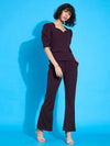 Women Burgundy Puff Sleeves Top with Bell Bottom Pants