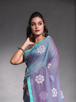 Bluish Grey Pure Cotton Soft Saree With Floral Embroidery Work-MA54CT33580098