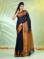 Navy Blue Cotton Saree With Zari Borders-MA66BCT43620063