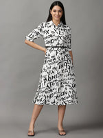 Women's White Typographic Fit and Flare Dress-AE-444136-White