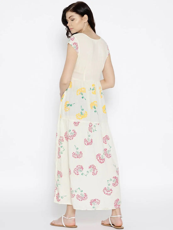 Double color floral printed maxi dress in off white