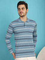 Venitian Men Striped Polo Neck Full Sleeves Blue T-Shirt With Pocket