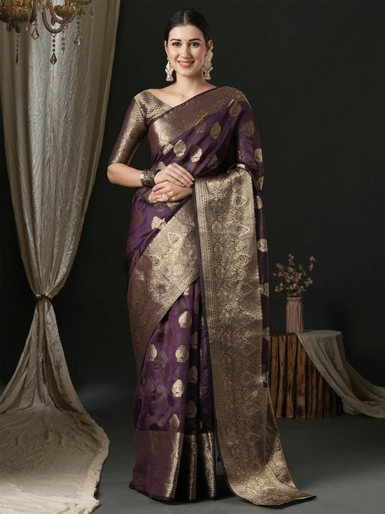 Saree Mall Women's Organza Purple Woven Design Designer Saree With Blouse Piece-UNATI2003