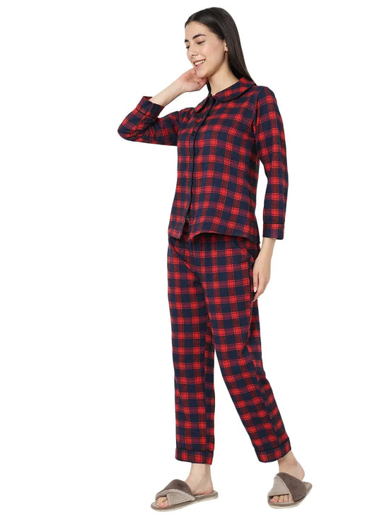 Smarty Pants Women's Brush Cotton Blue & Red Color Checks Night Suit