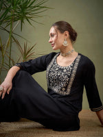 Women Black Zari Embroidered Kurta with Pants