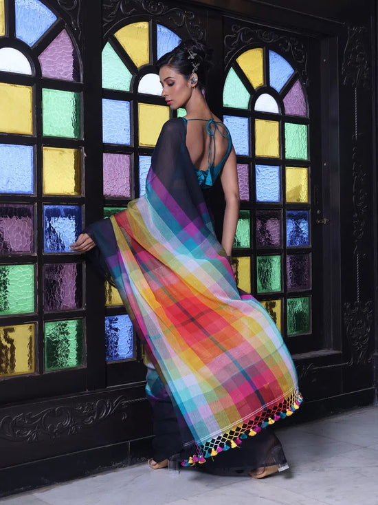 Black And Multicolor Colorblocked Mulmul Cotton Saree-MA64MCT33770059