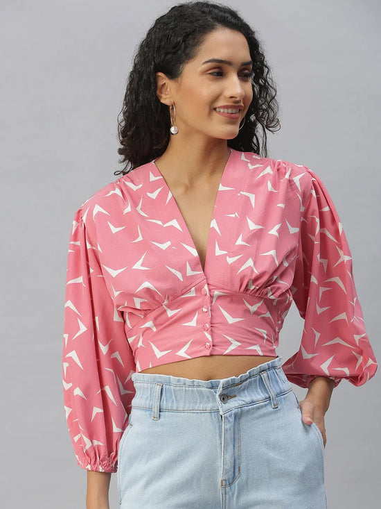 Women's Pink Printed Crop Tops-AE-10292-Pinkwhite