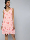 Pink Floral V-Neck Pleated Hem Dress