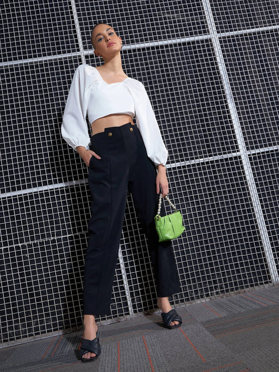 Women Black Waist Button Pants