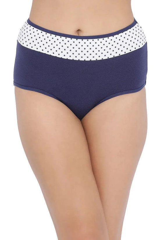 Clovia High Waist Hipster Panty with Polka Print Waist in Dark Blue - Cotton