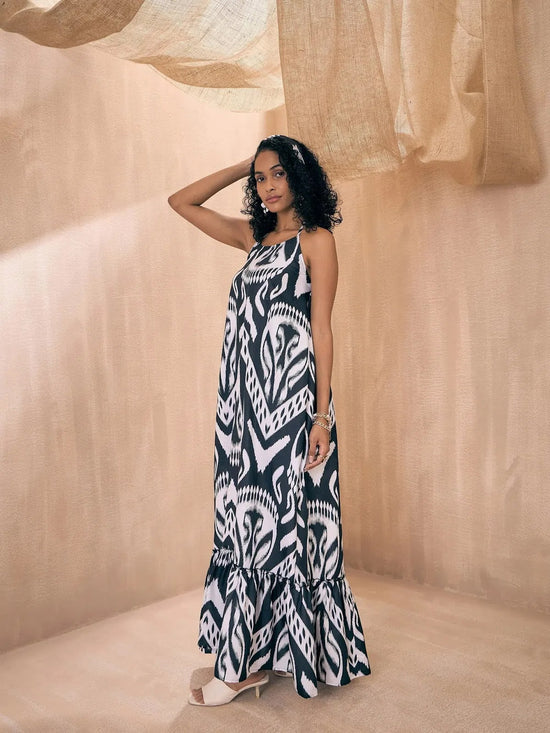 Women Black & White Ikat Halter Neck Loose Tiered Maxi