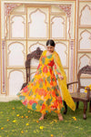 Vaasva Women Mustard Organza Multi Floral Print & Embroidered Anarkali Kurta, Pant & Dupatta set