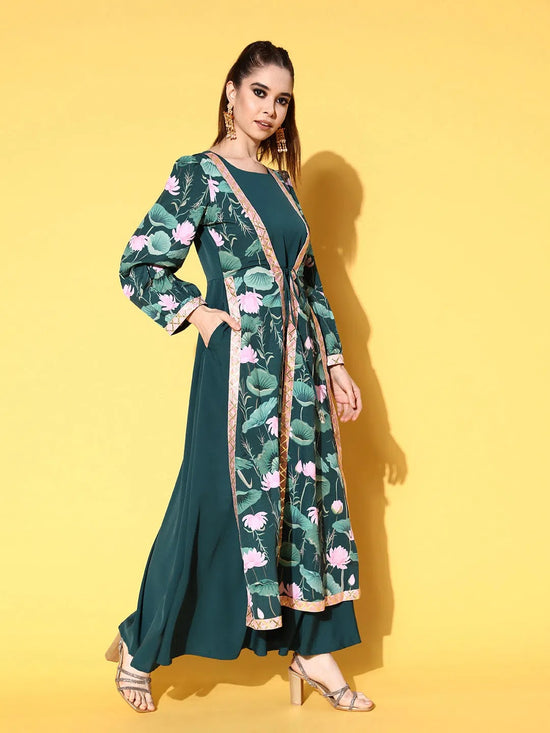 Ahalyaa Green Crepe Puff Sleeves Floral Printed Maxi Ethnic Dress With Waist Tie Ups