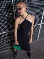 Women Black Rib Halter Neck Bodycon Midi Dress