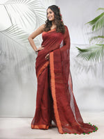 Maroon Linen Saree With Sequined Work In Stripes-MA56LN331160038