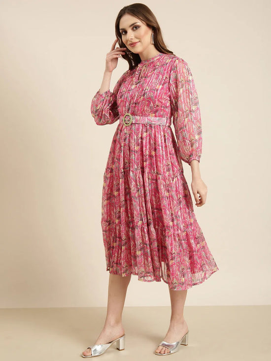 Women Pink Floral Fit and Flare Dress-BC-CK-1041-Pink