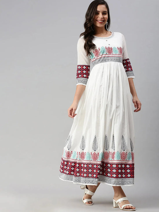 Women's White Printed Anarkali Kurtas-DW-1006-White