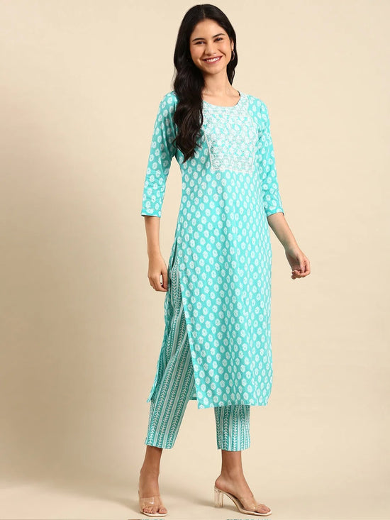 Women's Turquoise Blue Printed Kurta Set-AT-A374-Turquoiseblue