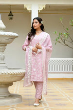 Vaasva Women Pink Linen Embroidered Solid Kurta Set With Solid Pants & Chiffon Embroidered Dupatta-142-Vaas-Palepink