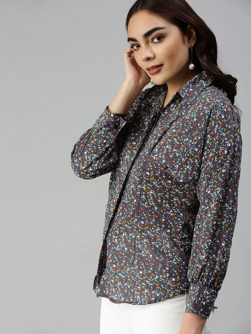 Women's Blue Printed Shirt-AE-10198-Blue