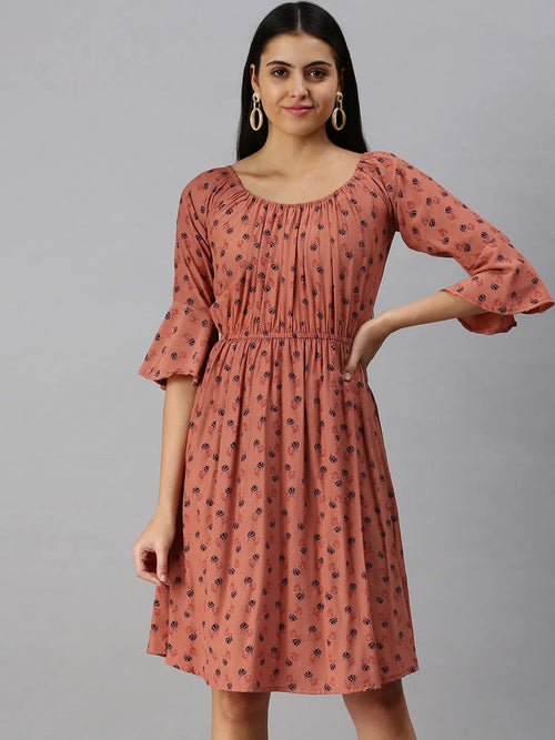 Women Brown Printed A-Line Dress-AE-9887-Brownnavyblue