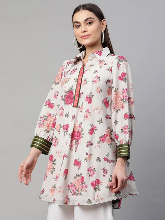 Ahalyaa Women Beige Crepe Digital Floral Print Tunic