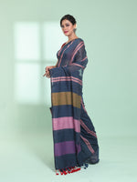 Dark Grey Cotton Saree With Stripes Design-MA59CT06530002