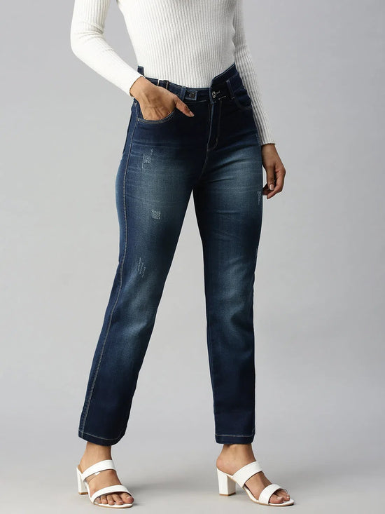 Women's Blue Solid Denim Straight Jeans-LT105364-Blue