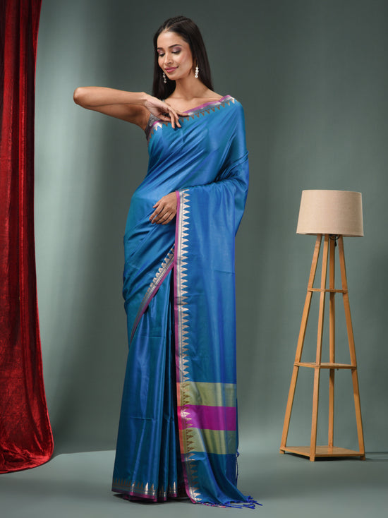 Cobalt Blue Blended Silk Handwoven Saree With Temple Zari Border-MA50BSL01660151