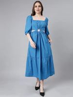 Women Blue Solid Fit and Flare Dress-ON-747-Blue