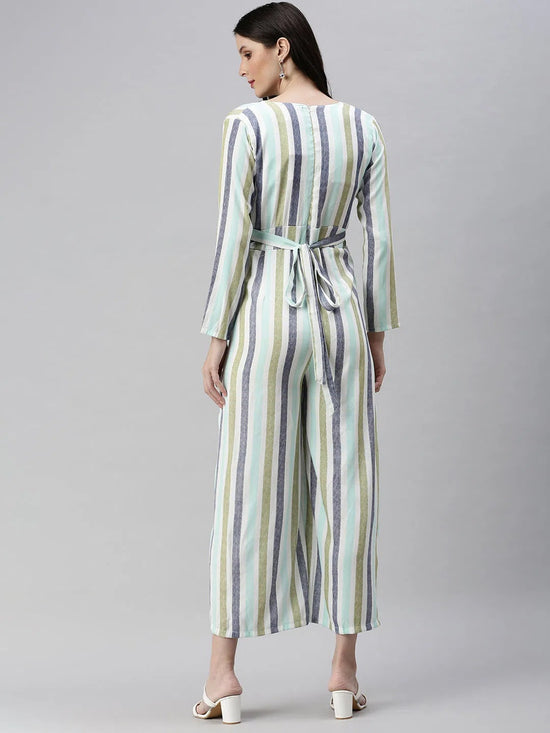 Women's White Striped Jumpsuit-AE-9967-White