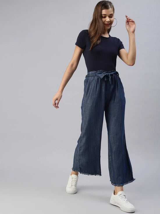 Women's Navy Blue Solid Parallel Trousers-AE-9186-Navyblue