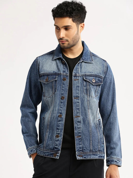 Men Blue Spread Collar Solid Denim Jacket-IB-DJ-07-6-Blue