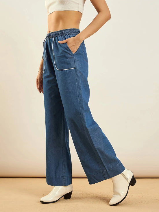 Women Blue Tencel Contrast Piping Detail Pants