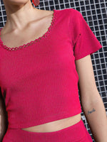 Women Magenta Rib Round Neck Crop Top