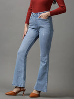 Women's Blue Solid Bootcut Denim Jeans-GZ-5244-1-Blue