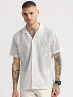 Men Cuban Collar Solid White Crochet Shirt-SAVRE-2284-White