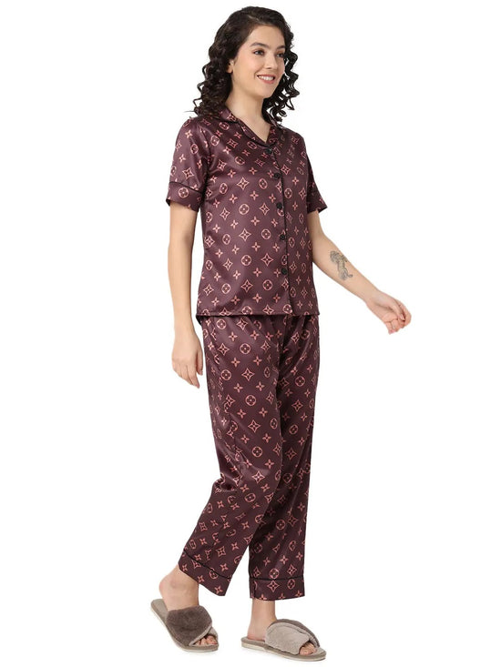 Smarty Pants Women's Silk Satin Brown Color Aztec Printed Night Suit