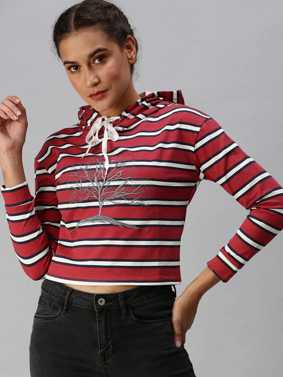 Women's Red Striped Crop Pullover Sweatshirt-AF-1778-Maroon