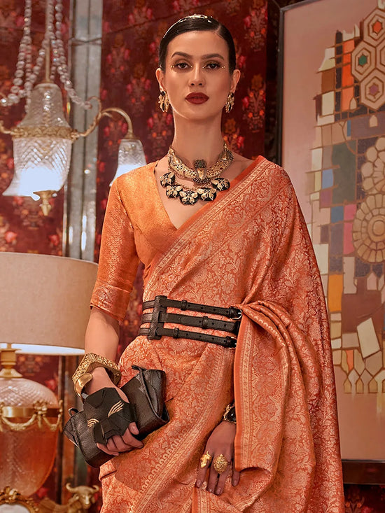 Saree Mall Women's  Blend Orange Woven Design Designer Saree With Blouse Piece-KABBY321001