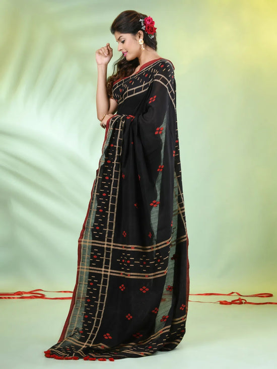 Black Cotton Soft Saree With Texture Designs-MA62CT331210042