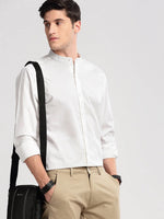 Men Mandarin Collar Solid White Casual Shirt-VERGE-2212-White