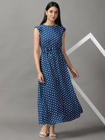 Women's Blue Polka Dots Fit and Flare Dress-AE-15690-Teal