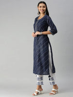 Women's Navy BlueWhite Geometrical Kurta Sets-UB-2476-Navybluewhite