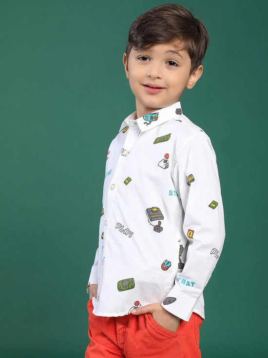 Tales & Stories White Printed Cotton Shirt For Boys