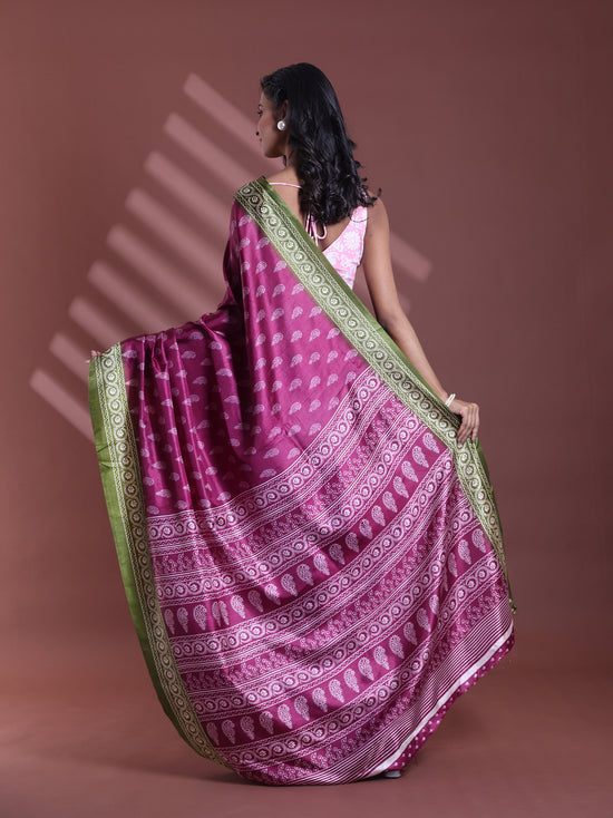 Burgundy Silk Soft Saree With Paisley Print-MA60BSL01400043