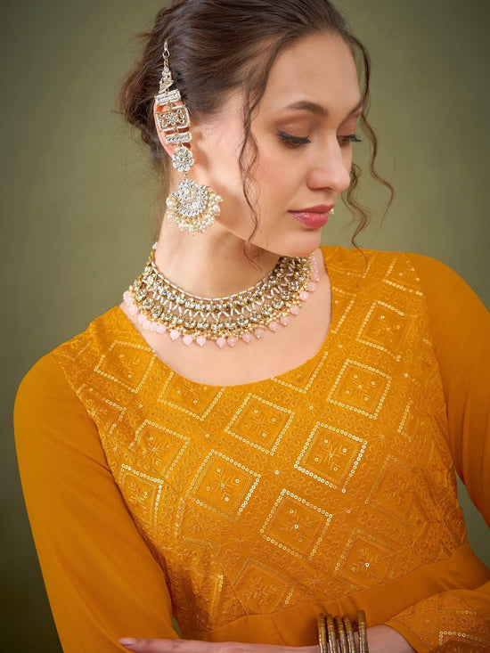 Women Mustard Embroidered Anarkali Maxi Kurta