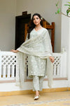 Vaasva Women Pista Linen Embroidered Solid Kurta Set With Solid Pants & Chiffon Embroidered Dupatta-142-Vaas-Pista