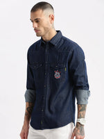 Men Spread Collar Denim Solid Navy Blue Casual Shirt-BARN-2217-Navyblue