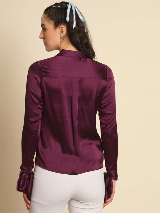 Purple Tie-up Sleeve Satin Shirt